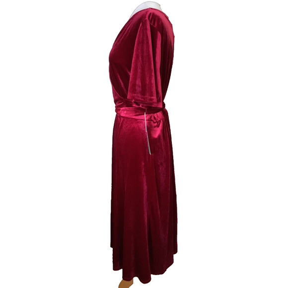 TACERA RED HOT VELVET V-NECK FAUX WRAP BELTED DRESS SZ PL - Picture 4 of 7